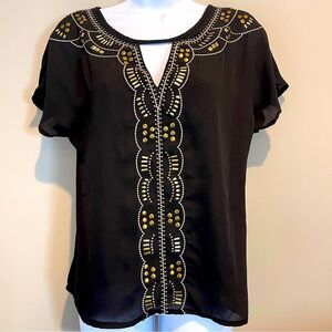 Mi Ami Black Chiffon Blouse w/ Gold Embellishments S